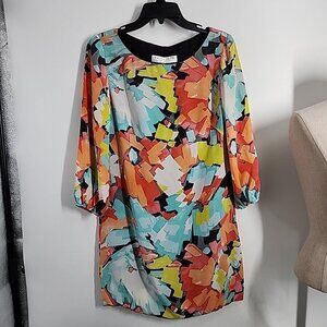 Trina Turk Womens Size 4 100% Silk Boat Neck Long Sleeve Knee Length Dress Abstr